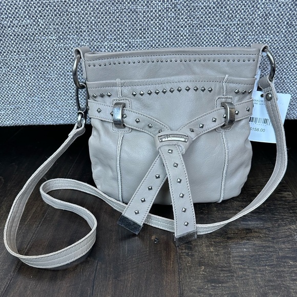 B. MAKOWSKY Tan Pebbled Leather / Studded Crossbody Shoulder
Handbag - Picture 10 of 10